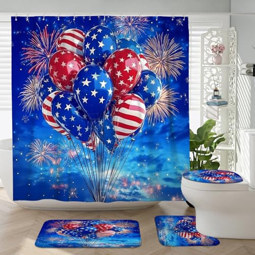 4 cortinas de ducha de fuegos artificiales del 4 de julio de 72 x 72 pulgadas con ganchos, juegos de accesorios de baño con alfombrilla de baño, en forma de U y alfombrilla para tapa de inodoro