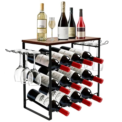 IDUNSEED Black 3-Tier Wavy Wine Rack for 12 Bottles, Freestanding Metal Wine Storage with Top Tabletop Shelf and Side Wine Glass Holder, Ideal for Bar Counter, Cabinet, Pantry and Small Spaces