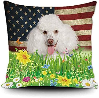 BAGEYOU Spring Flowers and Lawn Dog Throw Pillow Cover Lovely Pet White Poodle Hound American Flag Background Decor Home Patriotic Canvas Pillowcase 18x18 Inch