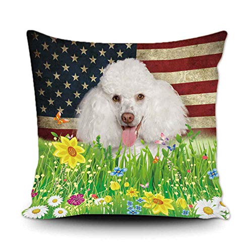 Bageyou Spring Flowers And Lawn Dog Throw Pillow Cover Lovely Pet White Poodle Hound American Flag Background Decor Home Patriotic Canvas Pillowcase 18X18 Inch #TOP26