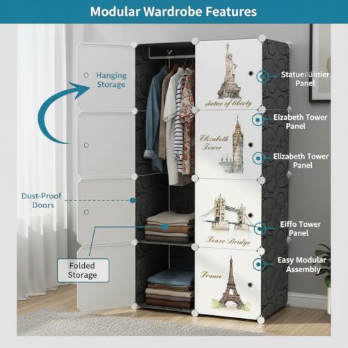Image of Owme Closet for Clothe DIY Plastic Rack - Side Hanger, Storage for Home | with Mist Humidifier with Remote Controller, Shelf Storage Cabinet Stand, Auto Open & Close for Rain and Sun (Black, 8 Door)