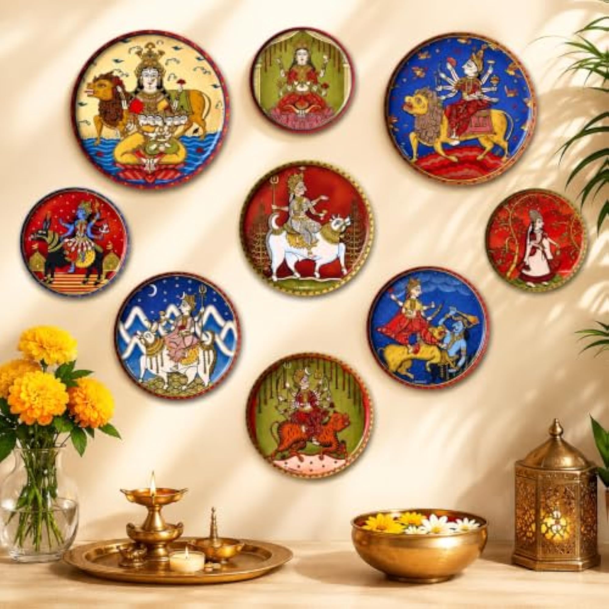 Handcrafted Durga Mata Wall Plate Set of 9