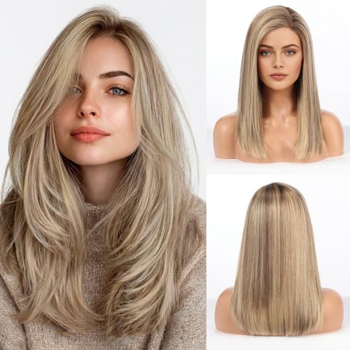 Image of 5x5 Lace Front Wigs for women,Human Hair Blonde Straight Glueless with Free Part & Pre Plucked Natural Hairline 16 Inch（Light Brown Mixed Blonde）