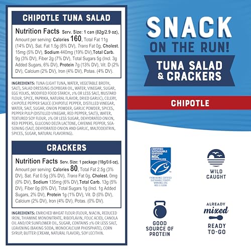 Image of Bumble Bee Snack On The Run! Chipotle Tuna Salad Kit | Ready to Eat Easy-Open Canned Tuna Salad with Crackers Snack Pack, 8g Protein per Box, Wild Caught MSC Certified Tuna