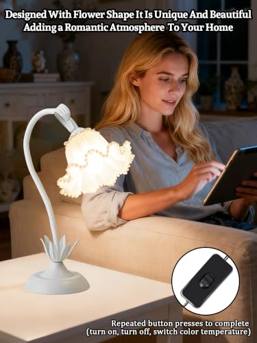 Image of Flower Table Lamp Bedside Lamps LED Reading Light,3 Color Modes Cute Small Lamp,Vintage Flower Lamp Kawaii Table Lamp for Bedroom Living Room Office Dorm Desk Home Decor (Pearl White lamp)