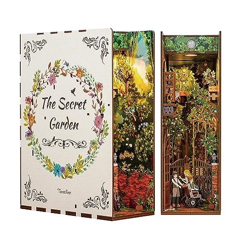 Image of Tonecheer DIY Book Nook Kit for Adults, 3D Wooden Puzzle Bookend Bookshelf Insert Decor, Booknook Miniature House Kit with Body Motion Sensor LED Light (The Secret Garden)