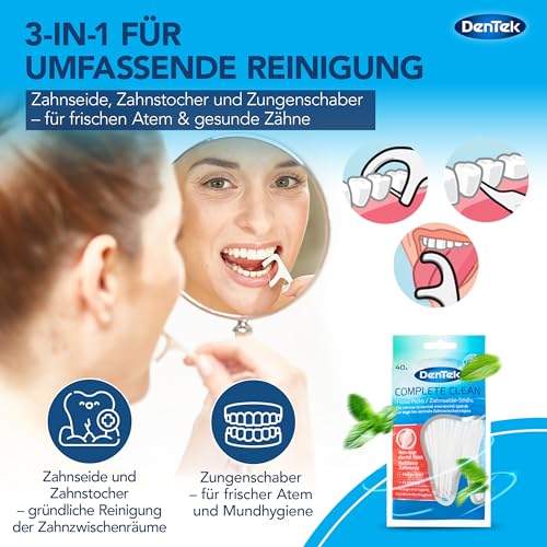 DenTek Complete Clean Zahnseide Sticks (40 Stk.) – Zahnsticks mit Minzgeschmack – Für Zahnzwischenräume – Flosser mit Zungenschaber und Zahnstocher für frischen Atem und Zahngesundheit