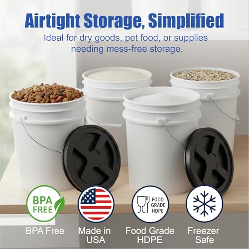 Image of ePackageSupply 5 Gallon Bucket - Food Grade w /Lid BPA-Free, White /Black, 3 | Airtight Gamma Seal Screw-On Lid, Heavy-Duty 90 Mil HDPE Plastic, Food Safe and Durable Container, Bulk Storage, Made in USA