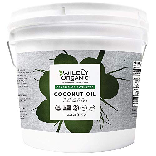 Wildly Organic Centrifuge Extracted Organic Virgin Coconut Oil 128 Fl Oz, 1 Gallon - Organic, Unrefined, Raw, Non-GMO, Vegan, Pet-Safe, Mild, Light Coconut Flavor - Perfect for Skin, Hair, Cooking, & Baking - BPA-Free Container