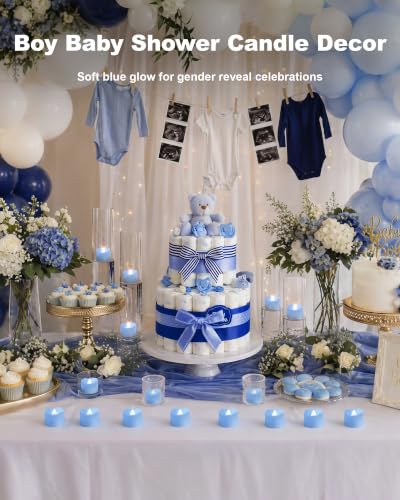 Image of Homemory 24-Pack Light Blue Remote LED Battery Tea Light Candles, 400+ Hrs | 2 /4 /6 /8H Timer Flameless Flickering Tealight Votives for Baby Showers, Gender Reveals, Winter Wonderland and Beach Weddings