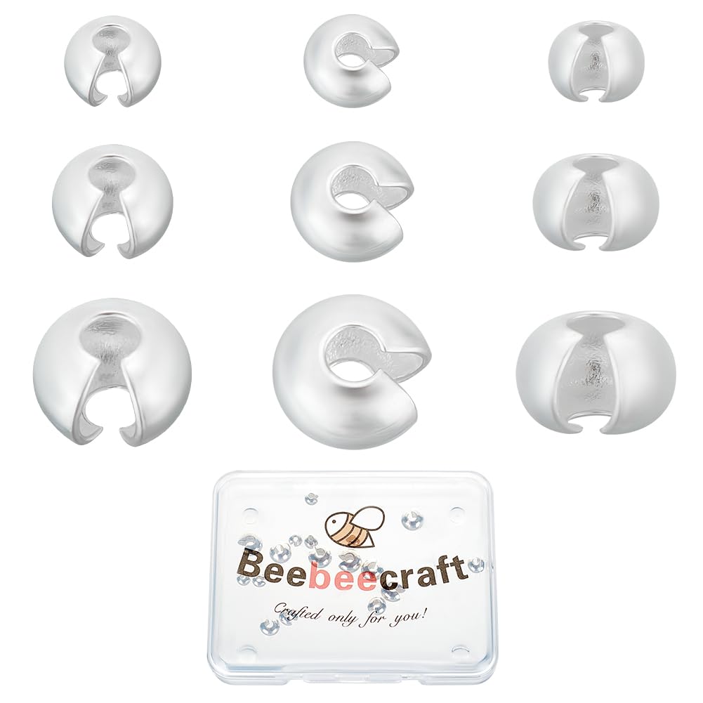 Beebeecraft 1 Box 21Pcs 3 Size Crimp Beads Covers Sterling Silver Half Round Open Crimp Bead End Tip for Jewelry Making Bracelets Necklaces