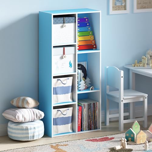Image of Furinno LUDER Book Shelf, 7-Cube Bookshelf, Bookcase with Open Shelves, 9.4 x 19.5 x 41.7, Easy Assembly, for Living Room, Bedroom, Home Office, White /Light Blue