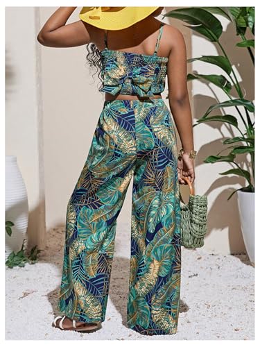 Image of Floerns Girl's 2 Piece Outfit Hawaiian Tropical Crop Cami Tops and Boho Pants Set