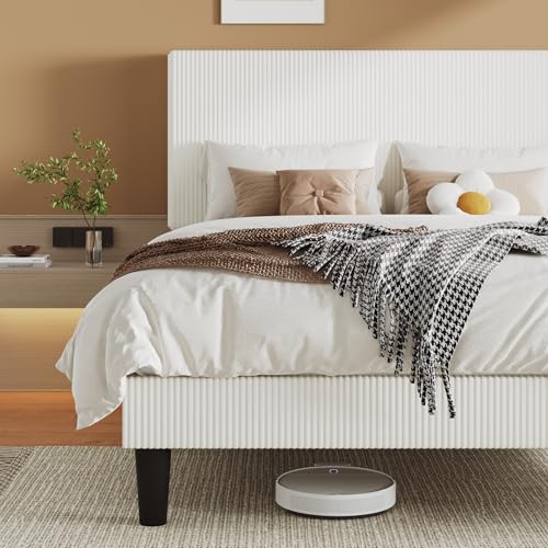 Image of Allewie Queen Bed Frame, Corduroy Tufted Headboard, White | Soft Corduroy Fabric, Adjustable Headboard, 900 lb Capacity, Wooden Slats, No Box Spring Needed, Easy Assembly