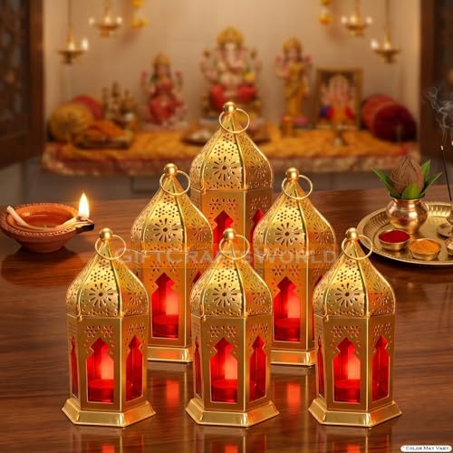 Image of Moroccan Lanterns & Candle Holders for Home Decor - Unique Diwali & Christmas Gifts (Red, Set of 6)