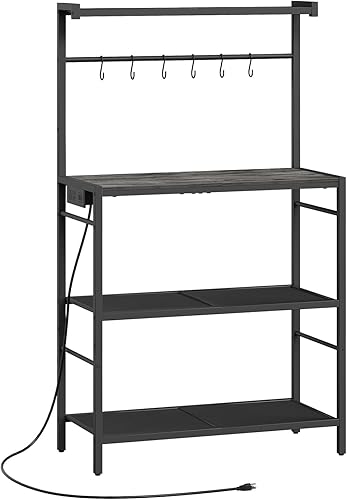 Miniatura 12 de Estante de panadería con toma de corriente, estante de almacenamiento de cocina con 6 ganchos, soporte para microondas con almacenamiento, estación