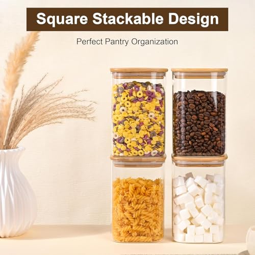 Image of MARTVIA Glass Food Storage Jars with Bamboo Lids 1200ml Set of 6, Wide Mouth Lid Jar for Home Kitchen,Flour, Sugar, Coffee, Pasta, Oats, Grains, Cookies, Snacks (Sqaure 1200 ML Jar, SET OF 6)