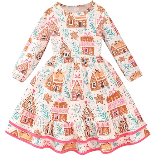 DDSOL Toddler Girl Christmas Dress Little Kid Long Sleeve Dinosaur Santa Swing Ruffle Casual Dress Xmas Clothes 2-7 Year