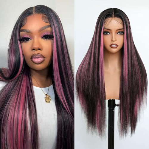 FABLLE Black and Pink Highlight Wig Lace Front Wigs Pre Plucked with Baby Hair Glueless Wig 26 Inch Long Straight for Women Pink Color Forehead Synthetic 1341 Lace Front Wig