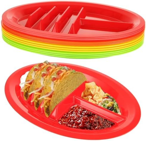 Acrux7 12 Pack Plastic Taco Plates with Dividers, Large Taco Holder Plates, Colorful Taco Trays Microwave & Dishwasher Safe, Hold 3 Tacos, 2 Dipping Areas, Taco Plate for Taco Tuesday Taco Night Party