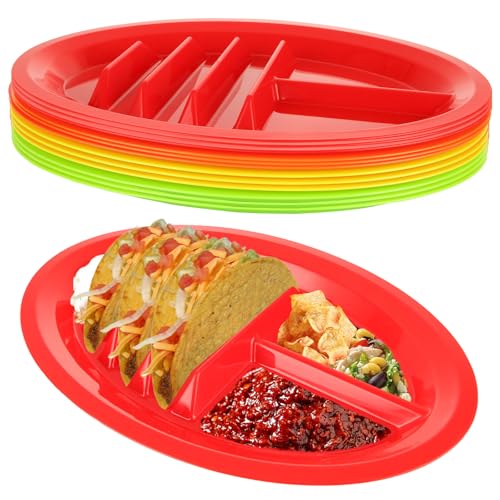 Acrux7 12 Pack Plastic Taco Plates with Dividers, Large Taco Holder Plates, Colorful Taco Trays Microwave & Dishwasher Safe, Hold 3 Tacos, 2 Dipping Areas, Taco Plate for Taco Tuesday Taco Night Party