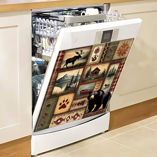 Image of Cabin Bear Dishwasher Magnet Cover, 23''x26'' Rustic Lodge Moose Deer Dishwasher Magnet Cover Summer Dishwasher Sticker for Kitchen Farm Dish Washer Sticker Fridge Panel Decal
