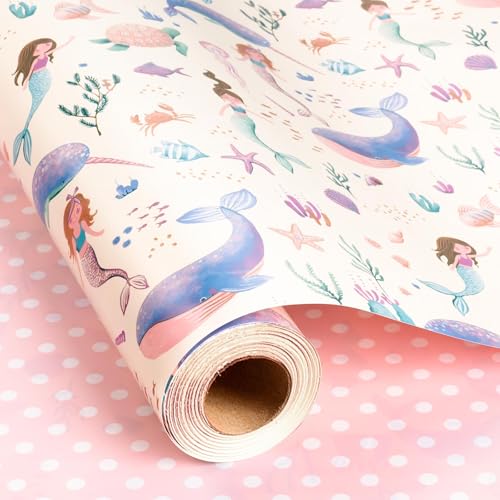 Flyhill Reversible Mermaid Wrapping Paper Roll Girl Metallic Foil Whale Turtle and Sea Creature with Pink Polka Dot for Kids Girls Birthday Baby Shower Mini Roll (17 IN x 32.8 FT)