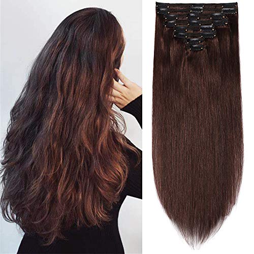 16'(40cm) SEGO Extensiones de Clip de Pelo Natural [Double Weft-Muy Gruesa] #4 Castaño Medio 100% Remy Cabello Humano 8 Piezas 18 Clips Liso (130g)