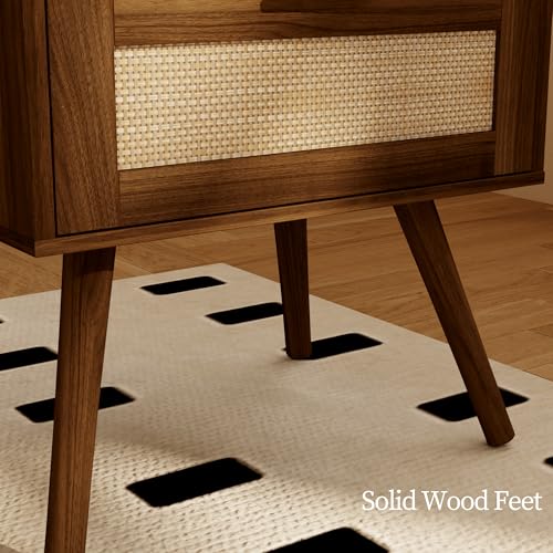 Image of JOONEE Rattan Nightstand,Farmhouse Bedside Table with 2 Storage Drawer and Open Wood Shelf, for Bedroom and Small Spaces,Night Stand with Solid Wood Legs (Walnut Brown)
