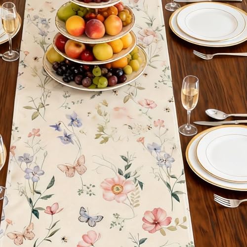 Watercolor Flowers Spring Table Runner Whild Flower Glass Floral Table Decor Flowers Seasonal Easter Summer Butterfly Kitchen Dining Table Decoration for Home Party 13x72 Inch (Flower) by LKMLQPER - Image 5