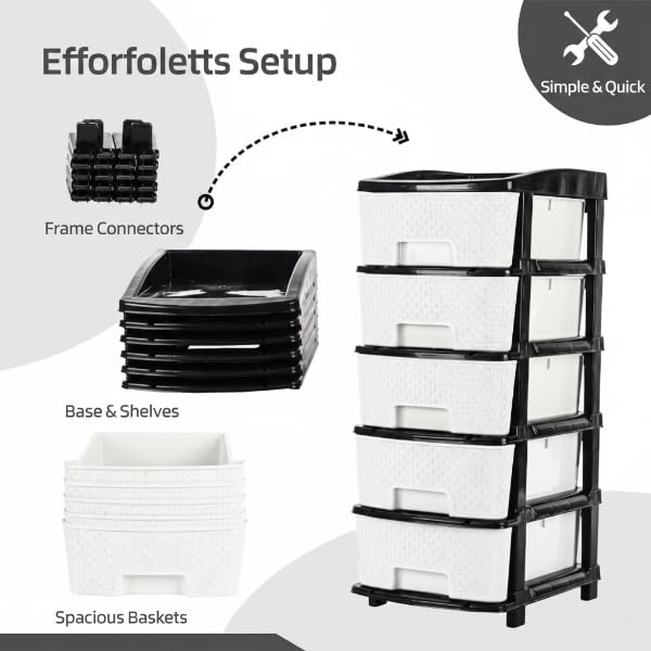 Image of KITCHIVO Plastic Modular Drawer Storage Chest Of Drawers Organizer Storage Box, Large Stomo Racks For Multipurpose Anti-slip Shoes Organizers (White & Black, 5 Layer)