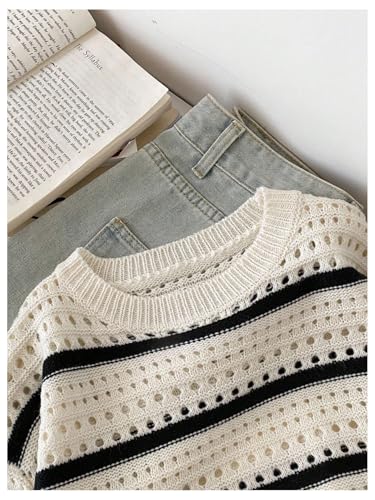 SHENHE Girl's Striped Sweater Hollow Out Crew Neck Loose Knit Crop Top Sweater Pullover4