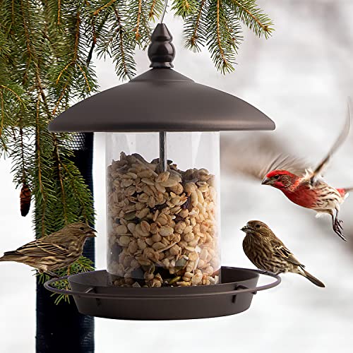 Bird Feeder for Outside Hanging,Bird Seed for Outside Wild Bird Feeders for Garden Yard Outdoor Decoration,Round Roof Design for Sun-Proof and Rainproof, Brown