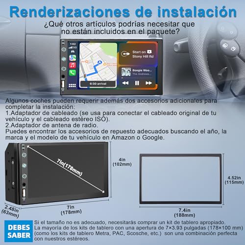 Estéreo Coche Doble DIN 7" con Pantalla Táctil Compatible con CarPlay y Android Auto,BT,Espejado de Teléfono, Cámara Trasera, Radio MP5/USB/AUX