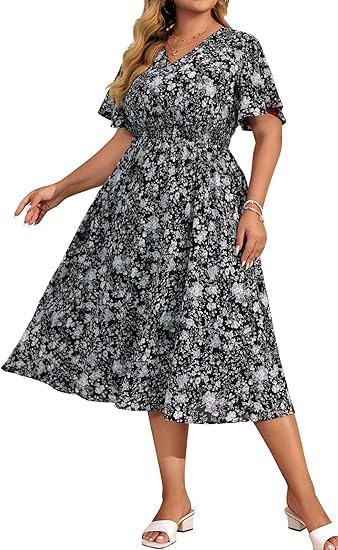 Hanna Nikole Damen Große Größen V-Ausschnitt Freizeitkleid A Linien Kleide Rüschen Ärmel Kleider Elastische Taille Knielang Dress Mit Taschen...