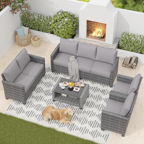 Image of GAOMON 5-Piece Outdoor Patio Furniture Sets, 7 Seat PE Rattan Furniture Sectional Sofa Set with Storage Table, Patio Conversation Sets with Water-Repellent Cushions for Backyard, Deck, Poolside