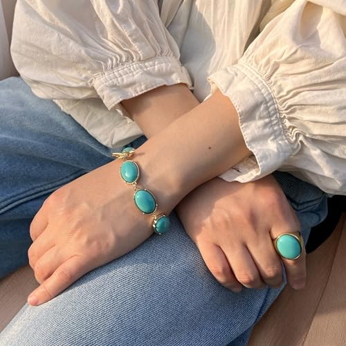 Turquoise Charm Bracelet for Women 18K Gold Plated Turquoise Charms Dainty Stackable Gold Bracelets Toggle Clasp Vintage Jewelry Birthday Gift for Her4