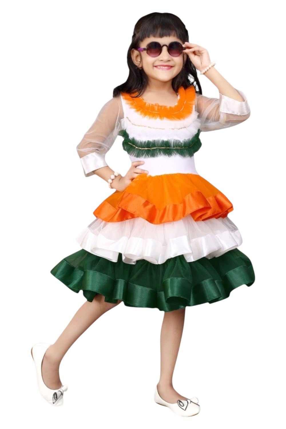 Girls Patriotic Ruffle Dress | Tricolor Dress for Independence Day Celebration, School & Cultural Functions Orange White Green, Ruffled Design-image-28