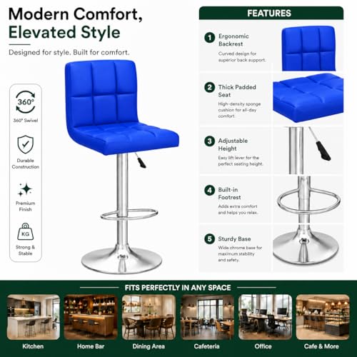 Image of Kemon KaiMeng Modern Adjustable Swivel Bar Stool Chair with Backrest, PU Leather Hydraulic Counter Stool with Footrest for Kitchen Island, Cafe & Home Bar, Blue, Square Tufted Back Stool