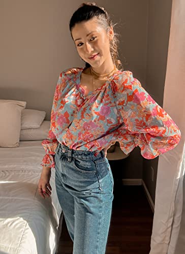 Luvamia Blouses For Women Dressy Casual Button Down Blouse Floral Peasant Tops Lantern Ruffle Long Sleeve Shirts Womens Flowy Tops Floral Blouse Sky Blue And Hot Pink Floral Size Xlarge #TOP4