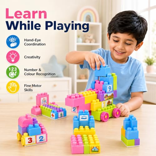 Image of Zest 4 Toyz Building Blocks for Kids 58 Pieces | Colourful Construction Blocks with Wheels Windmill Doors Windows Booklet & Zipper Storage Bag | Creative Educational Toy for Boys and Girls
