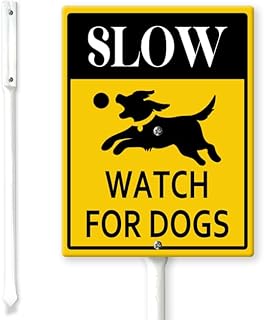 Slow Watch For Dogs Yard Sign with Stakes 7×8.8in, Sturdy Aluminum Yard Signs, Slow Down Dogs at Play Signs, Crossing Sign for Home Farm Decor Outdoor Street Warning Sign