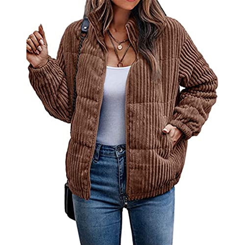 Bomber-Steppjacken für Damen, Lässige Puffer Daunen Cord Cropped Jacke, Gepolsterter, Langärmliger Mantel mit Reißverschluss (Color : Brown, Size : XL) Cover