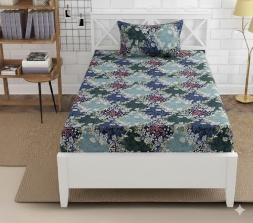 Image of 3D Print Cotton Feel Glace Cotton All Round (Elastic Fitted) Single Bed Bedsheet with 1 Pillow Cover- 4 Feet x 6 Feet - 48 Inches x 72 Inches x 6 Inches(Multi)
