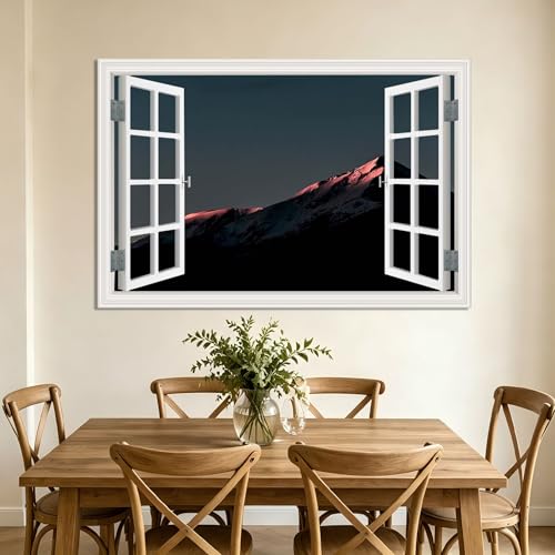 Lienzo de ventana falsa con efecto de oscuridad que refleja la cordillera y el lago 3
