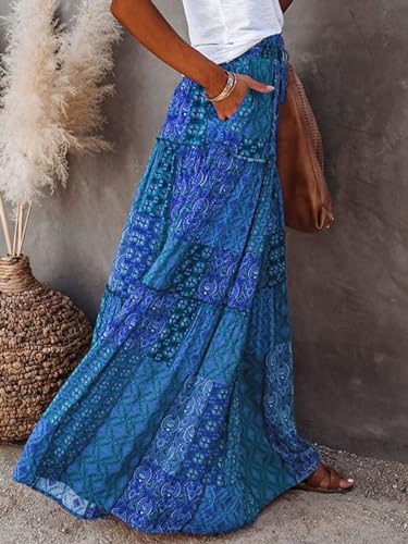 Womens Boho Print Tiered Long Skirts Vintage Elastic High Waist Pleated Ruffle Flowy Maxi Skirt with Pockets4