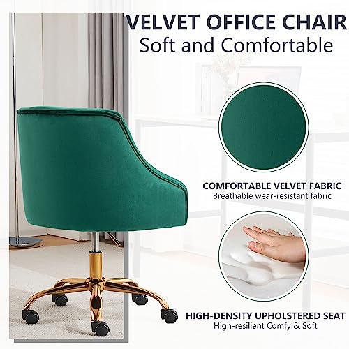 Mojay Velvet Office Swivel Chair, Vanity Chair, Fabric Desk Chair, Pretty Fancy Chair, Gold Office Chair For Girls, 360°Swivel Height Adjustable Reception Chair, Green #TOP3