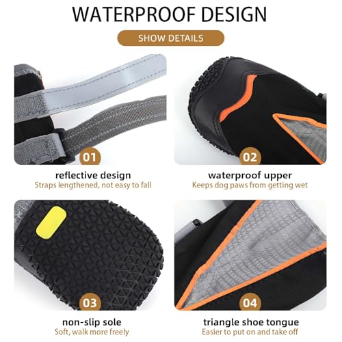 Ohcozzy Wasserdicht Hundeschuhe, Anti-Rutsch Hundestiefel mit reflektierenden Riemen, Verschleißfeste Gummisohle Hundeschuhe Pfotenschutz fürkleine, Mittlere und Große Hunde 4 Stück(L, Orange)