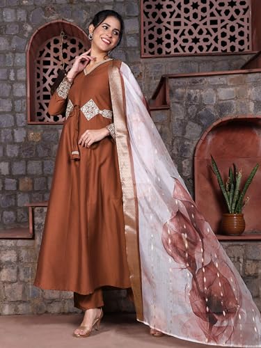 Image of EthnicJunction Women's Cotton Silk Embroidered Anarkali Kurta Palazzo with Digital Print Dupatta Set