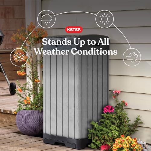Image of Keter Darwin Outdoor Trash Can, 38 Gallon Weather-Resistant Resin Waste Bin with Lid, Wood-Look Design for Patio, Deck, Porch & Backyard